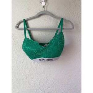 Victoria's Secret Green Lace Wireless Bra Logo Band 34D Lined No-Wire